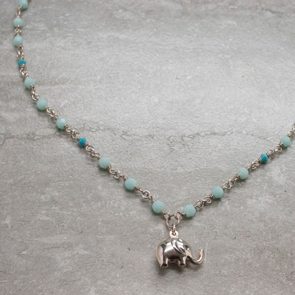 Aqua & silver elephant charm necklace